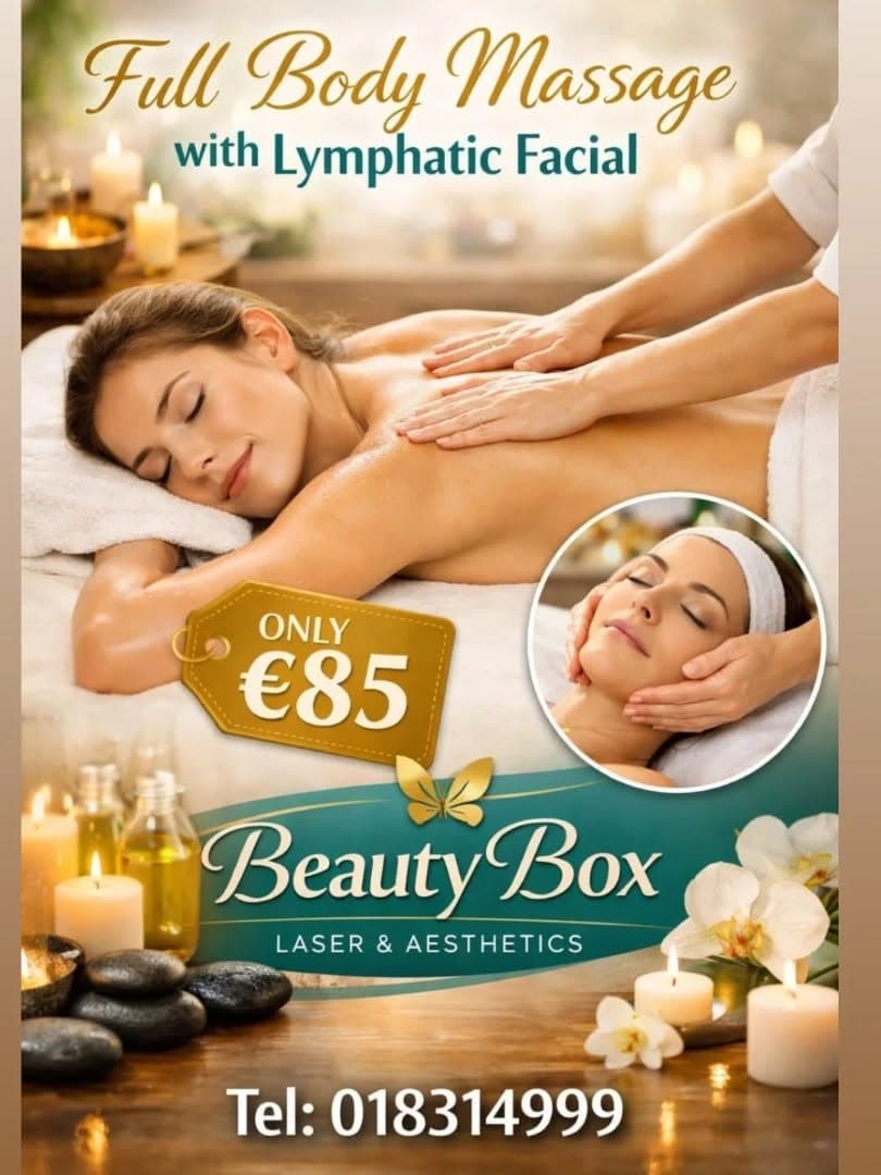 Full Body Massage with Lymphatic Facial — Only €85. Call 01 831 4999 to book.